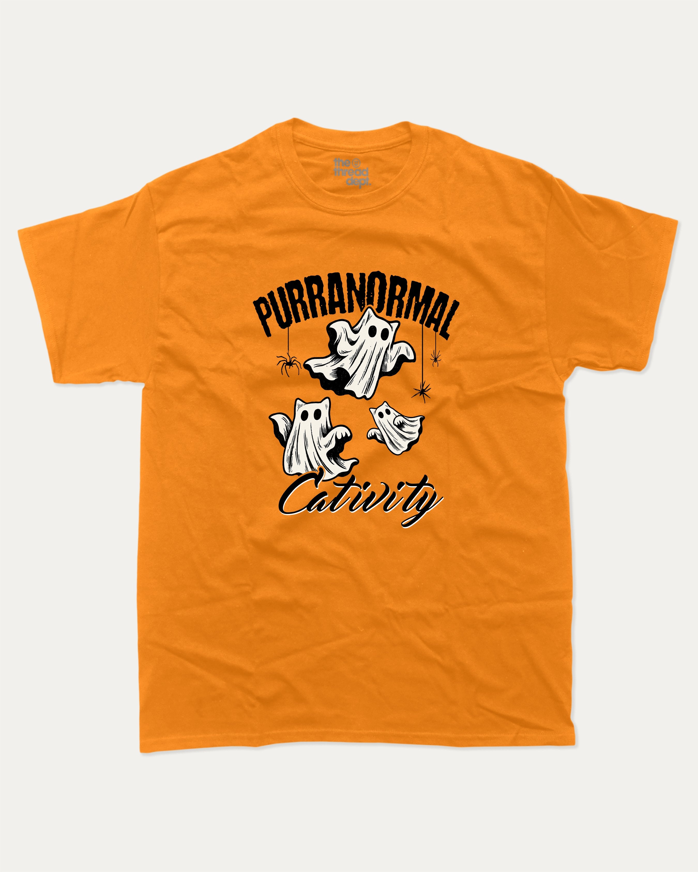 Purranormal Cativity graphic tee with marg print, funny and trendy graphic. Perfect for adults and gift-giving. Orange shirt.