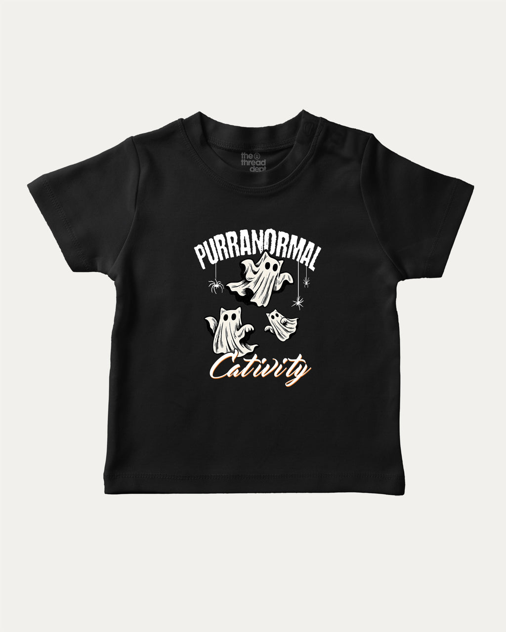 Purranormal Cativity graphic tee with cat ghost print, funny and trendy graphic. Perfect for Halloween gifts.  Black shirt.