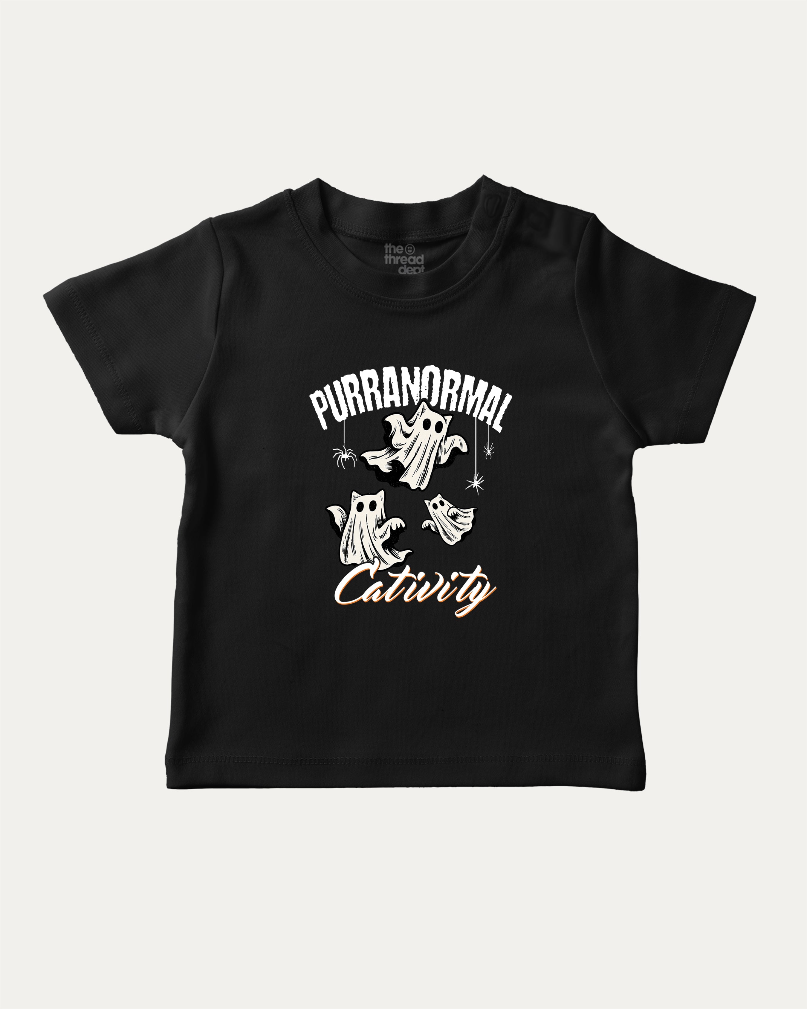 Purranormal Cativity graphic tee with cat ghost print, funny and trendy graphic. Perfect for Halloween gifts.  Black shirt.