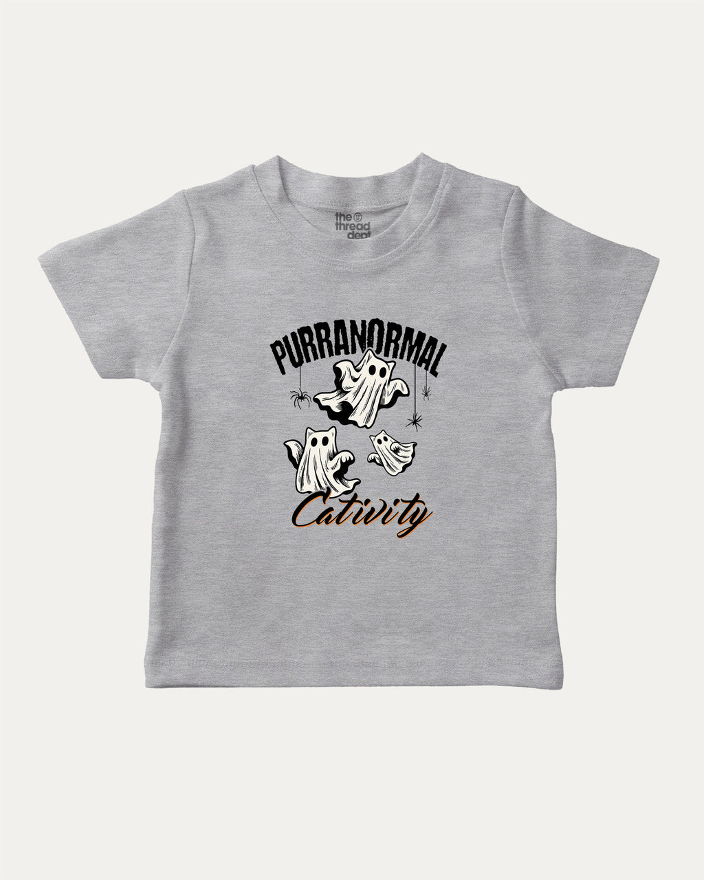 Purranormal Cativity graphic tee with cat ghost print, funny and trendy graphic. Perfect for Halloween gifts.  Heather Grey shirt.