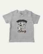 Purranormal Cativity graphic tee with cat ghost print, funny and trendy graphic. Perfect for Halloween gifts.  Heather Grey shirt.