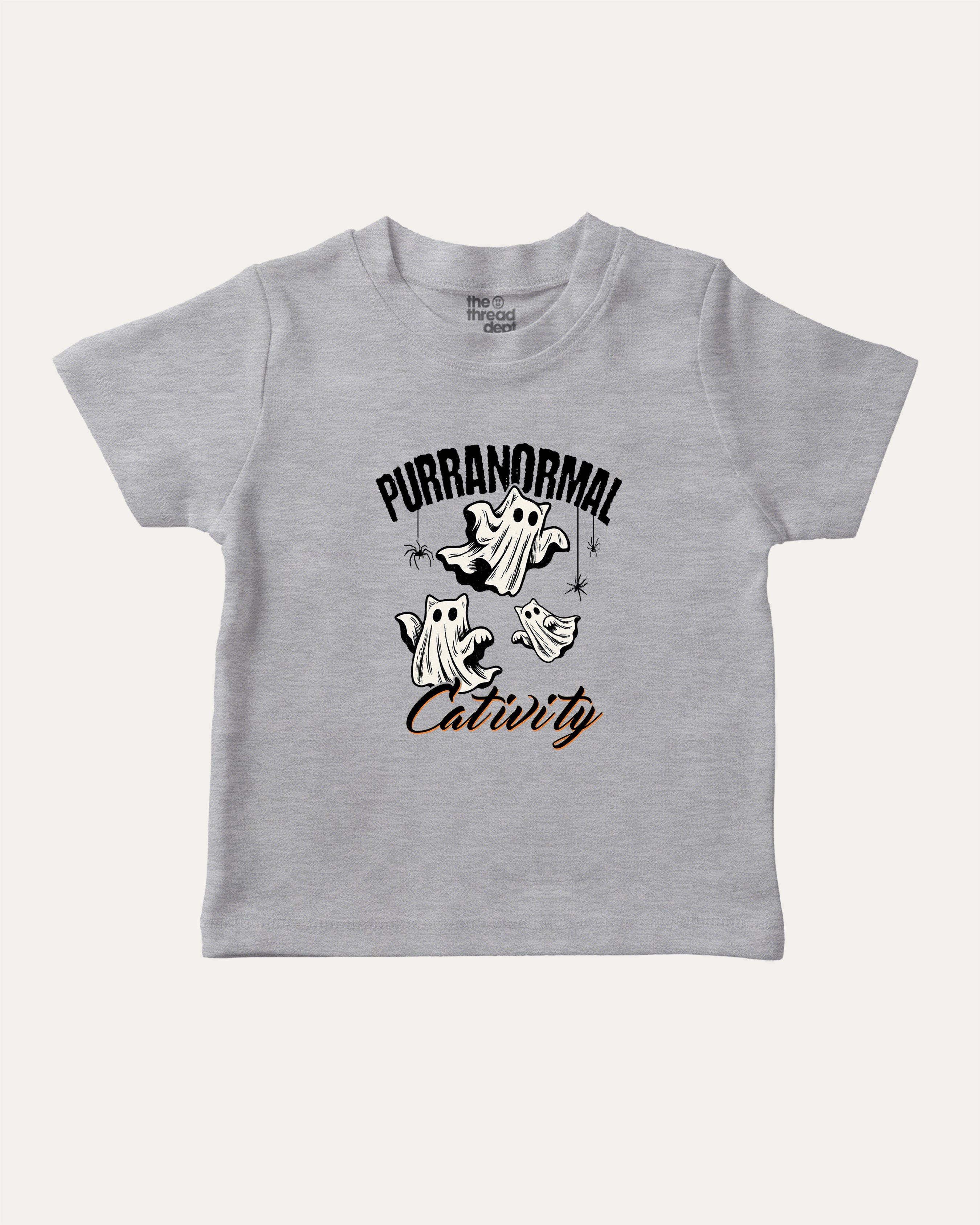 Purranormal Cativity graphic tee with cat ghost print, funny and trendy graphic. Perfect for Halloween gifts.  Heather Grey shirt.