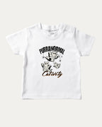 Purranormal Cativity graphic tee with cat ghost print, funny and trendy graphic. Perfect for Halloween gifts.  White shirt.