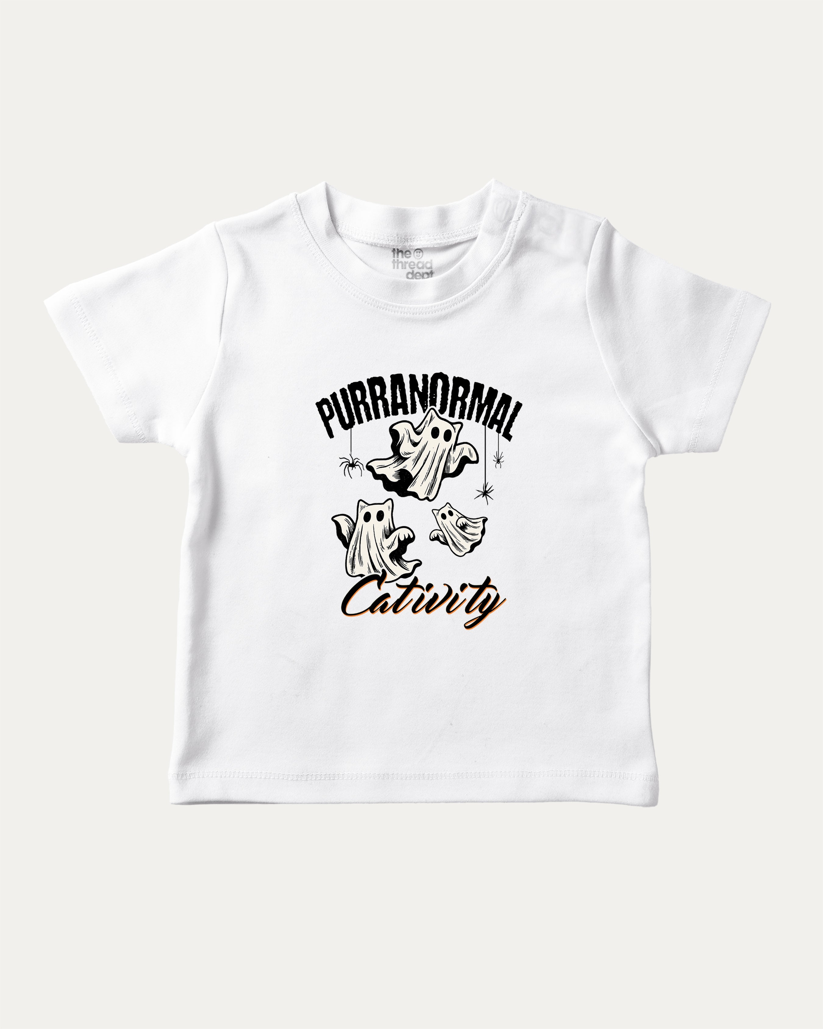 Purranormal Cativity graphic tee with cat ghost print, funny and trendy graphic. Perfect for Halloween gifts.  White shirt.
