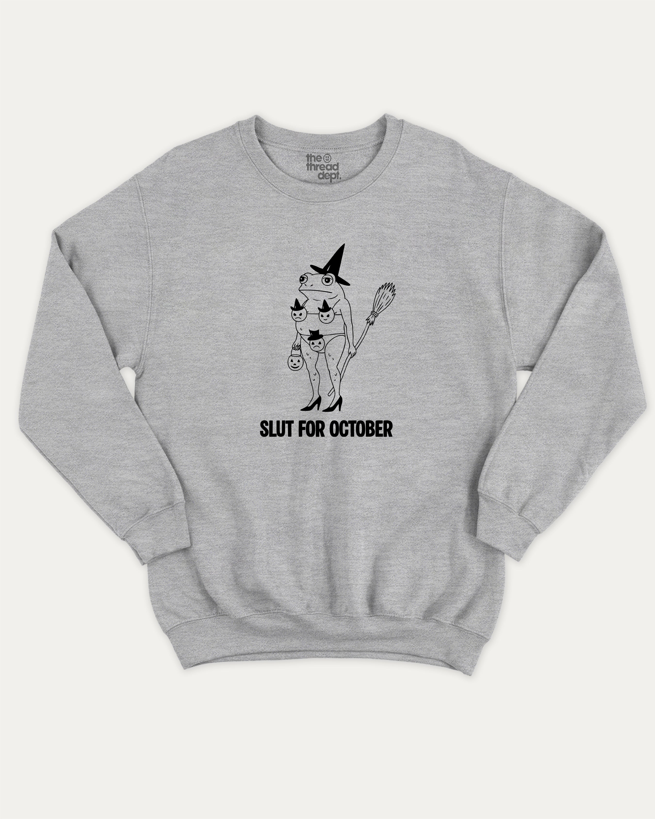 Slut for October graphic sweatshirt with bold and humorous print, Perfect Gift for Halloween Day, Halloween Graphic T shirt, Funny Halloween Graphic T shirt, warm and cozy graphic for everyday wear. Perfect for adults and gift-giving. Heather Grey pullover.