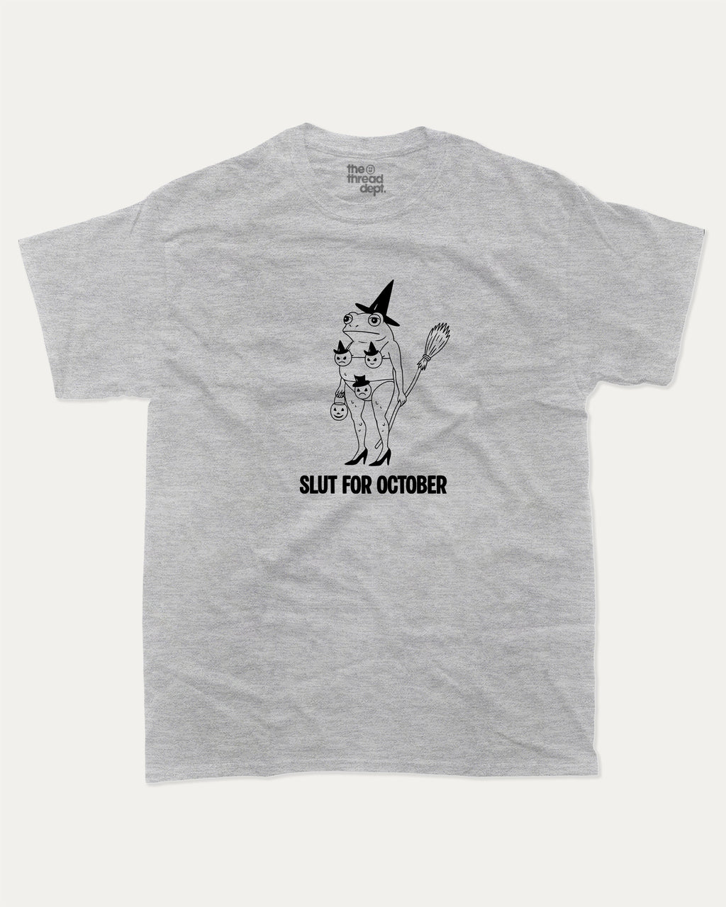 Slut for October graphic tee with bold and humorous print, Perfect Gift for Halloween Day, Halloween Graphic T shirt, Funny Halloween Graphic T shirt, funny and trendy graphic. Perfect for adults and gift-giving. Heather Grey shirt.