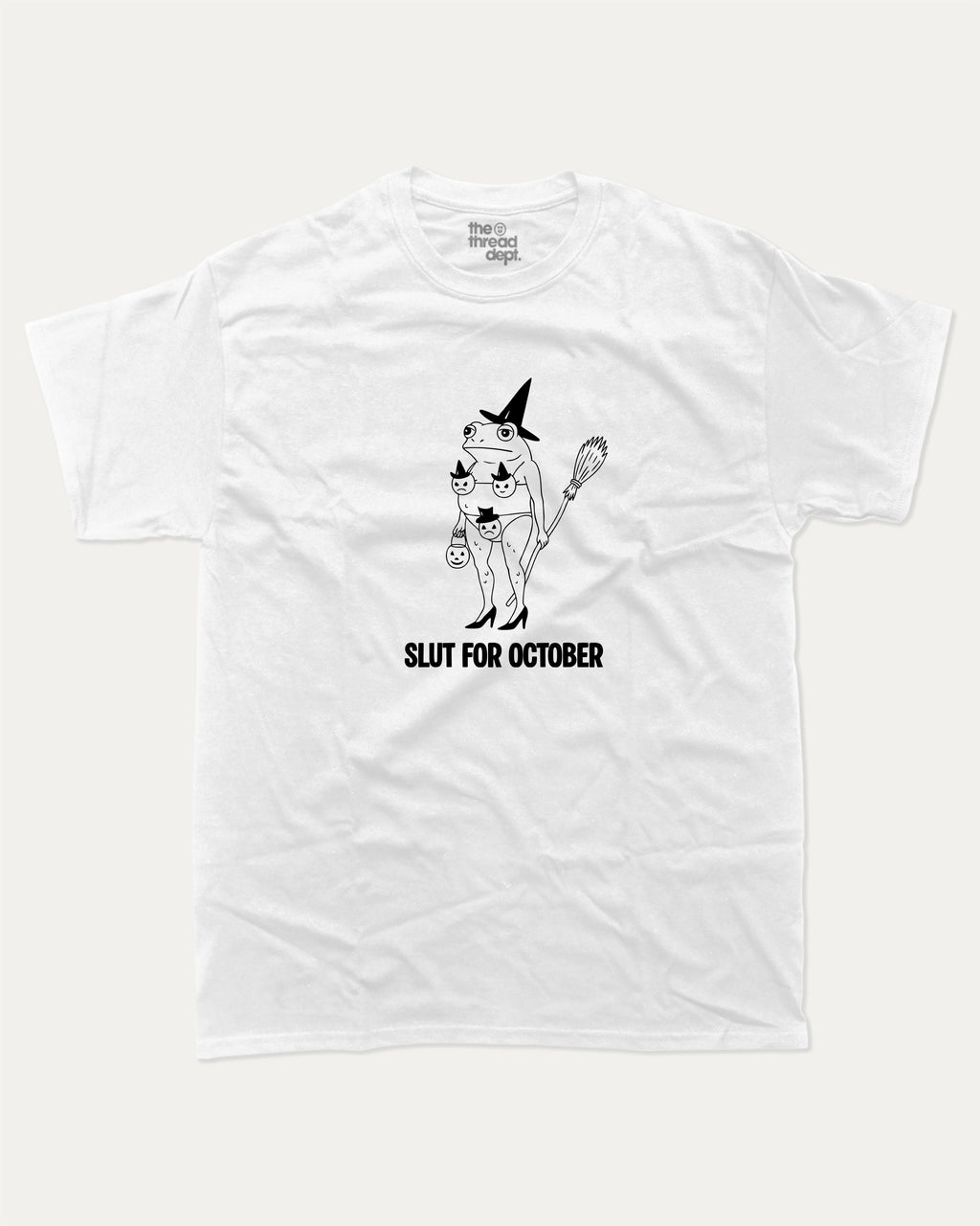 Slut for October graphic tee with bold and humorous print, Perfect Gift for Halloween Day, Halloween Graphic T shirt, Funny Halloween Graphic T shirt, funny and trendy graphic. Perfect for adults and gift-giving. White shirt.