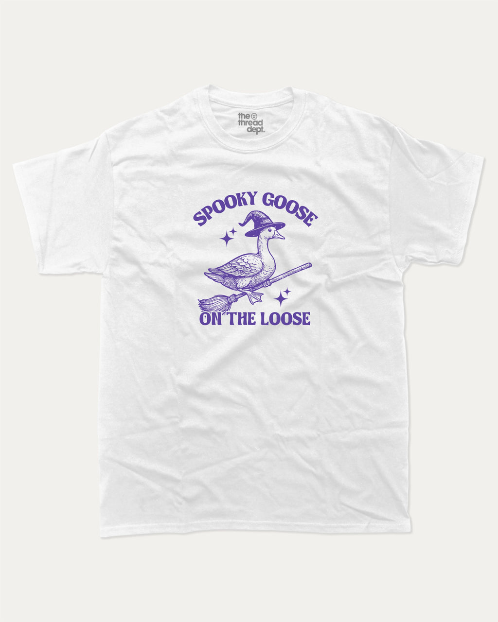 Spooky Goose graphic tee with bold and humorous print, funny and trendy graphic. Perfect Gift for Halloween, Halloween Graphic T shirt, Halloween animal Graphic t shirt, animal lovers t shirt,  Perfect for adults and gift-giving. White shirt.