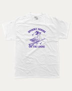 Spooky Goose graphic tee with bold and humorous print, funny and trendy graphic. Perfect Gift for Halloween, Halloween Graphic T shirt, Halloween animal Graphic t shirt, animal lovers t shirt,  Perfect for adults and gift-giving. White shirt.