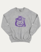 Spooky Kittens graphic sweatshirt with cute cats and pumpkin print, warm and cozy graphic for everyday wear. Perfect for adults and gift-giving. Heather Grey pullover.