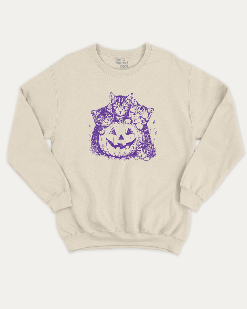 Spooky Kittens graphic sweatshirt with cute cats and pumpkin print, warm and cozy graphic for everyday wear. Perfect for adults and gift-giving. Natural pullover.