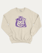 Spooky Kittens graphic sweatshirt with cute cats and pumpkin print, warm and cozy graphic for everyday wear. Perfect for adults and gift-giving. Natural pullover.