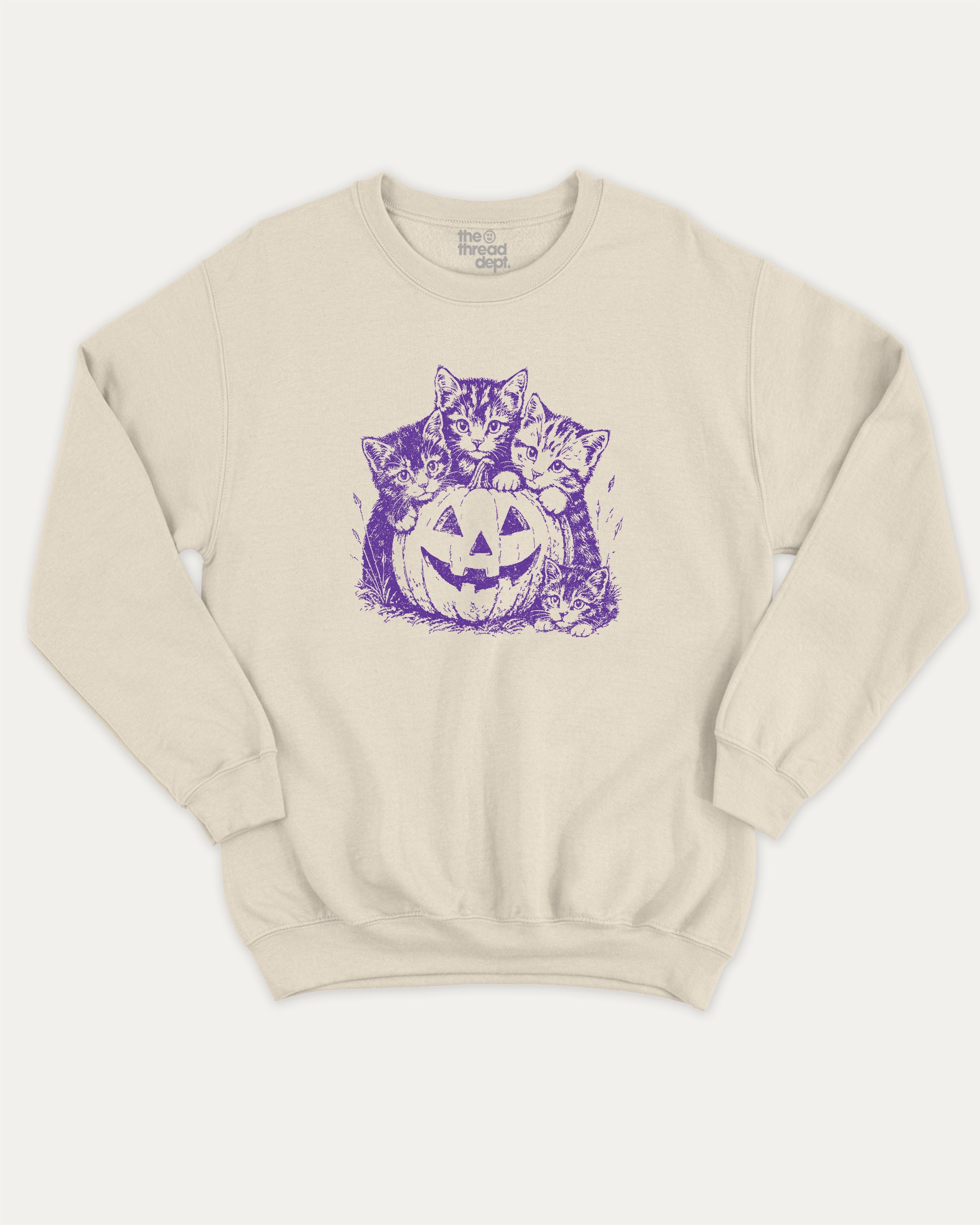 Spooky Kittens graphic sweatshirt with cute cats and pumpkin print, warm and cozy graphic for everyday wear. Perfect for adults and gift-giving. Natural pullover.