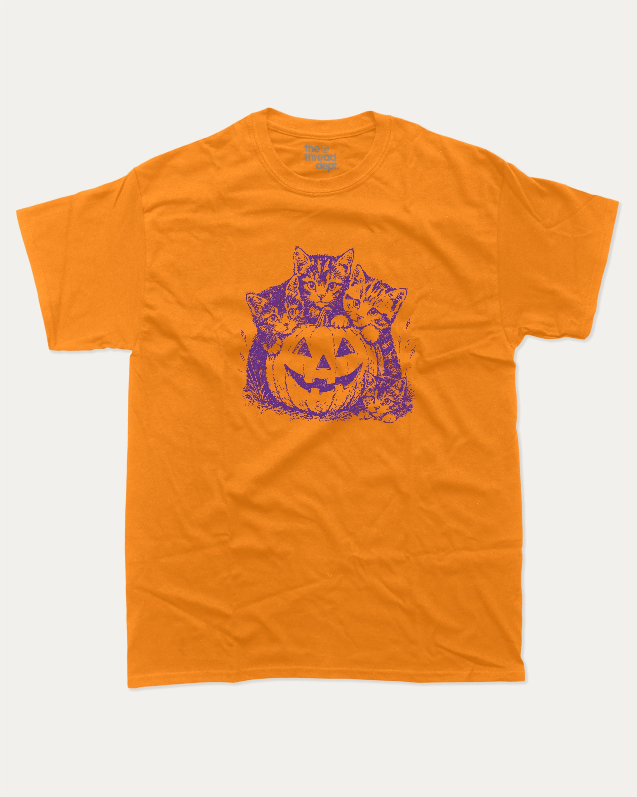 Spooky Kittens graphic tee with funny halloween graphic, funny and trendy graphic. Perfect for adults and gift-giving. Orange shirt.