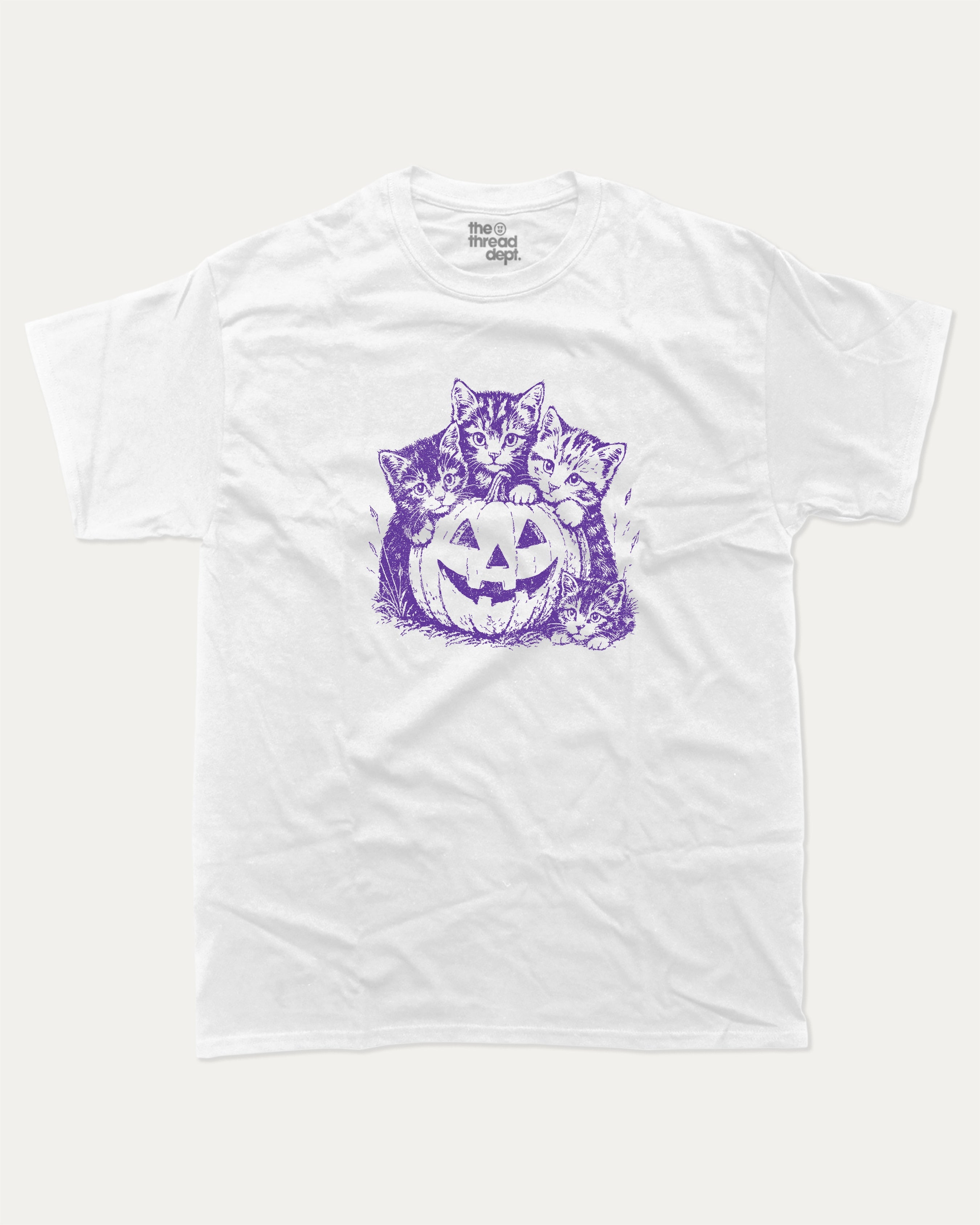 Spooky Kittens graphic tee with funny halloween graphic, funny and trendy graphic. Perfect for adults and gift-giving. White shirt.