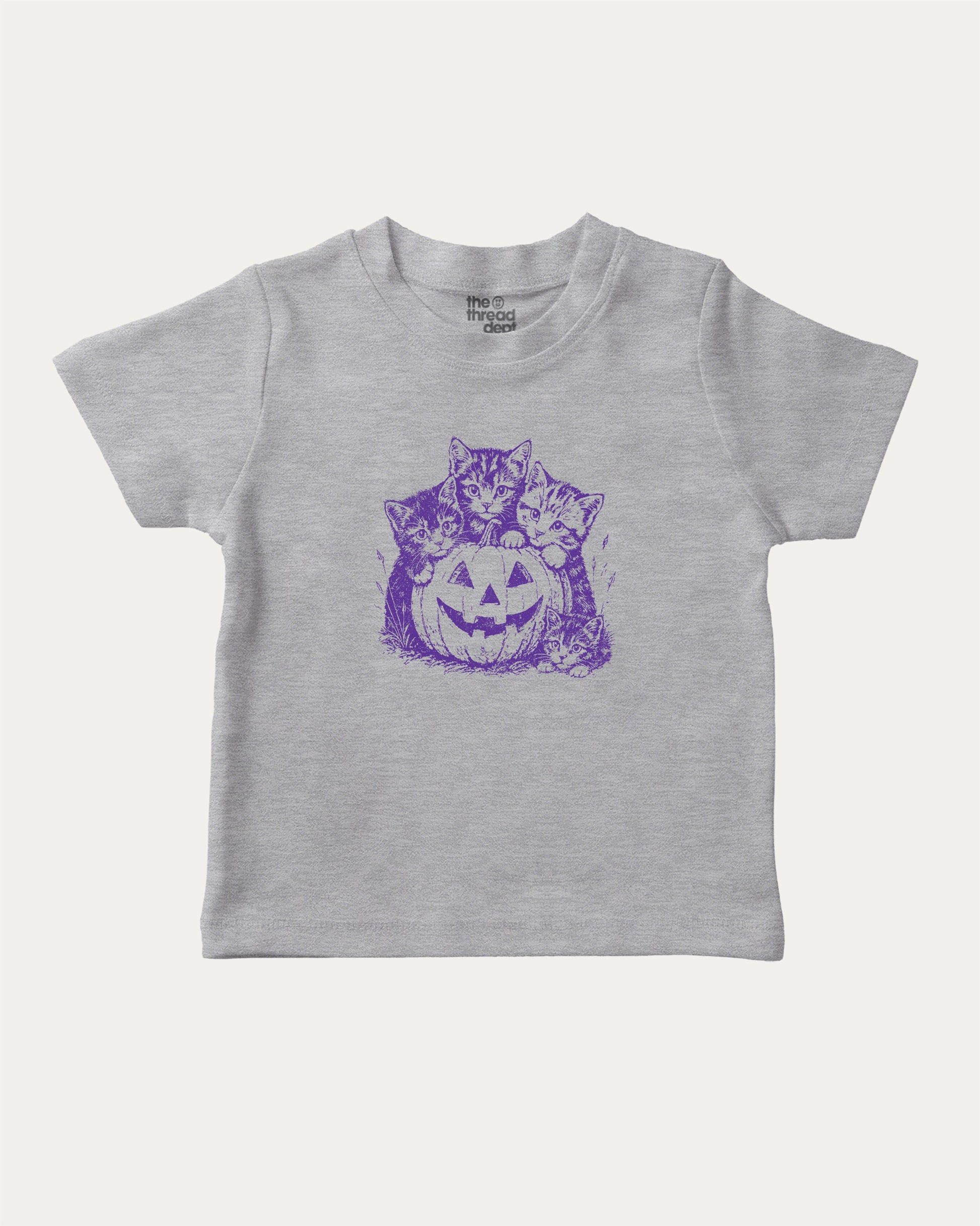 Spooky Kittens graphic tee with cute cats and pumpkin graphic, funny and trendy graphic. Perfect for adults and gift-giving. Heather Grey shirt.