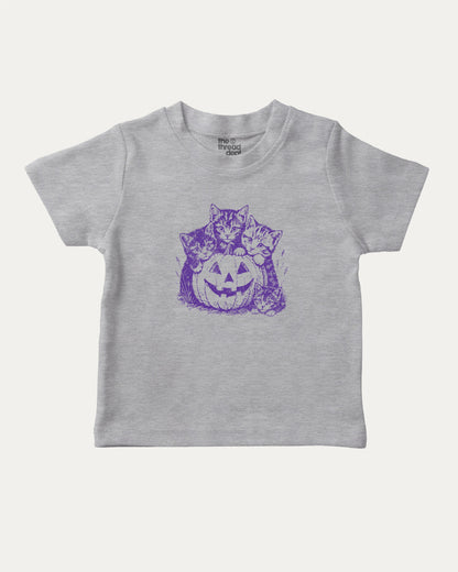 Spooky Kittens graphic tee with cute cats and pumpkin graphic, funny and trendy graphic. Perfect for adults and gift-giving. Heather Grey shirt.