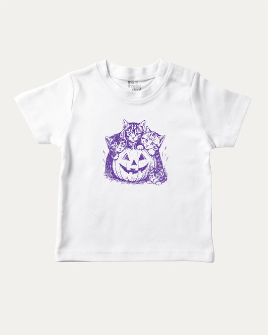 Spooky Kittens graphic tee with cute cats and pumpkin graphic, funny and trendy graphic. Perfect for adults and gift-giving. White shirt.