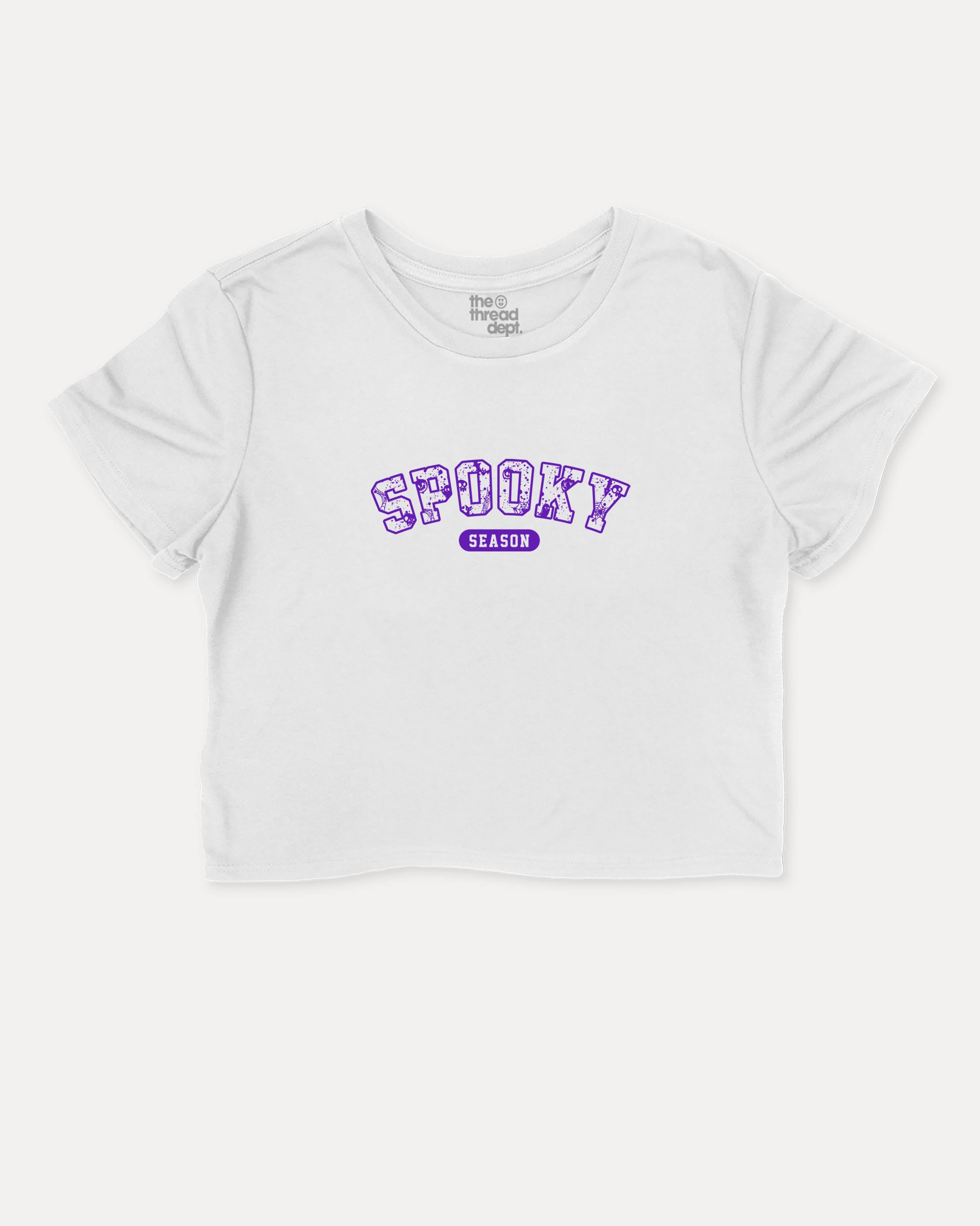 Spooky Season graphic crop tee with funny and trendy slogan print, Perfect Gift for Halloween Day, Halloween Graphic T shirt, T shirt for celebrating Halloween Day, perfect for women’s casual looks or layering. White crop t-shirt.
