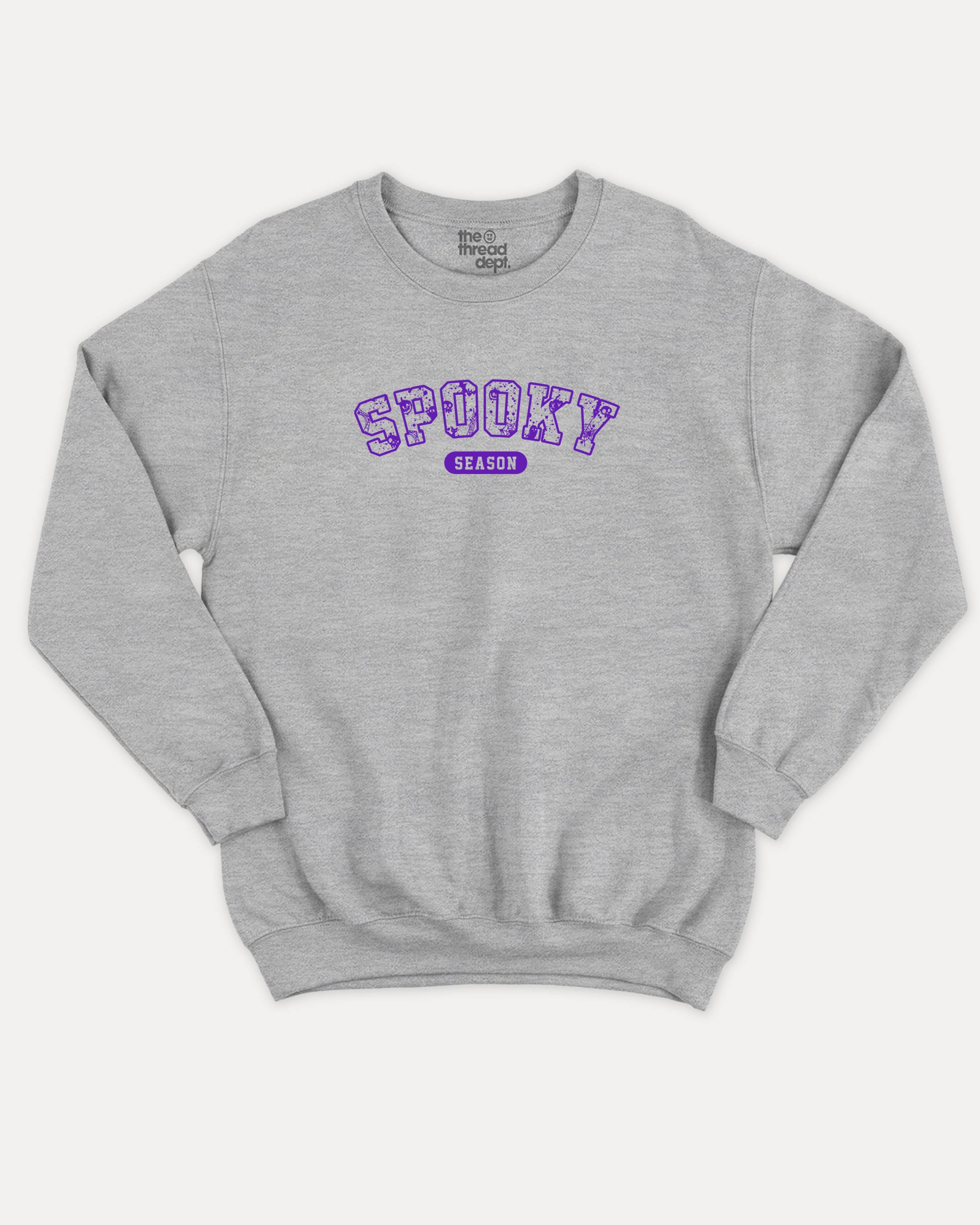 Spooky Season graphic sweatshirt with bold and humorous print, Perfect Gift for Halloween Day, Halloween Graphic T shirt, T shirt for celebrating Halloween Day, warm and cozy graphic for everyday wear. Perfect for adults and gift-giving. Heather Grey pullover.