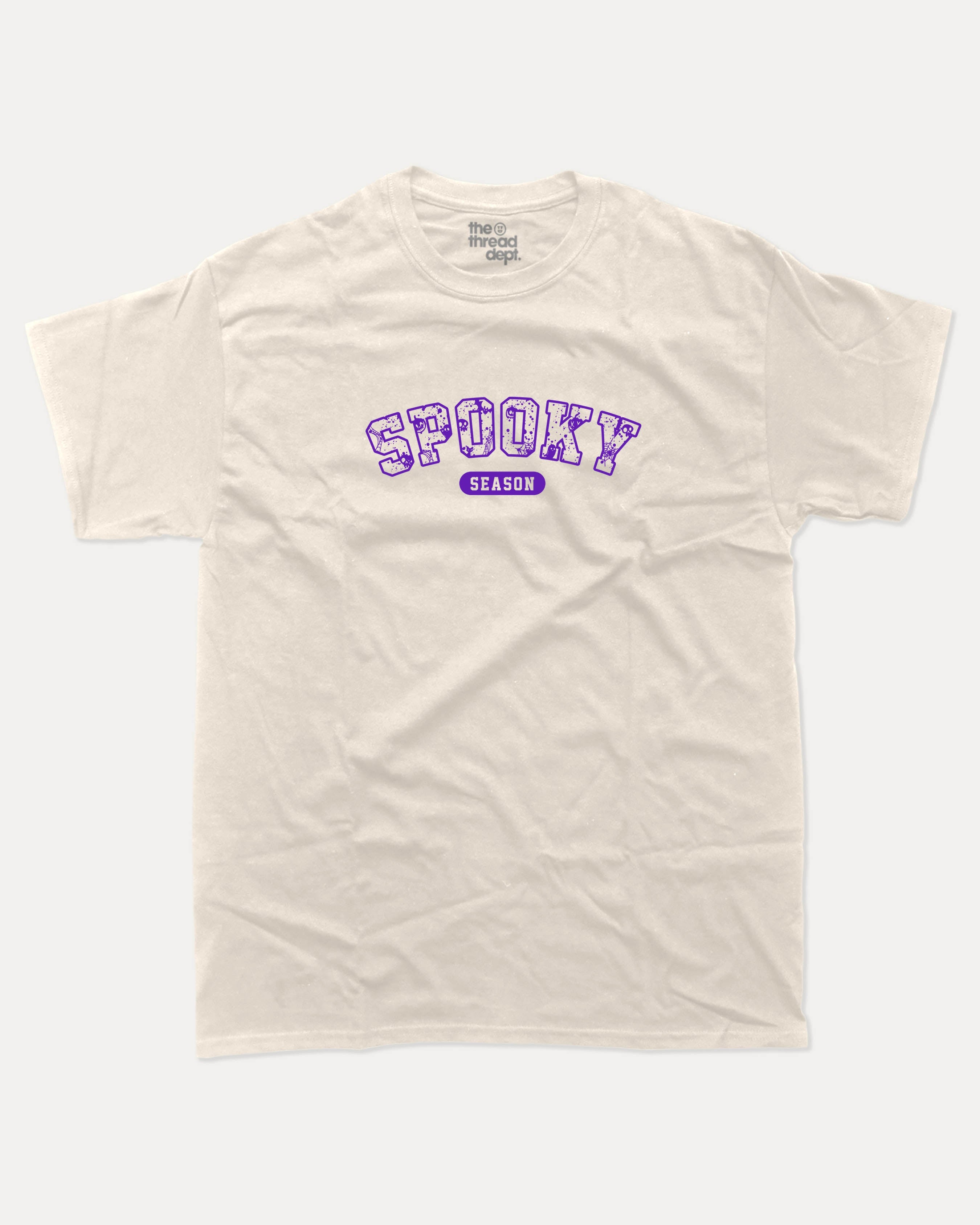 Spooky Season graphic tee with bold and humorous print, Perfect Gift for Halloween Day, Halloween Graphic T shirt, T shirt for celebrating Halloween Day, funny and trendy graphic. Perfect for adults and gift-giving. Cream shirt.