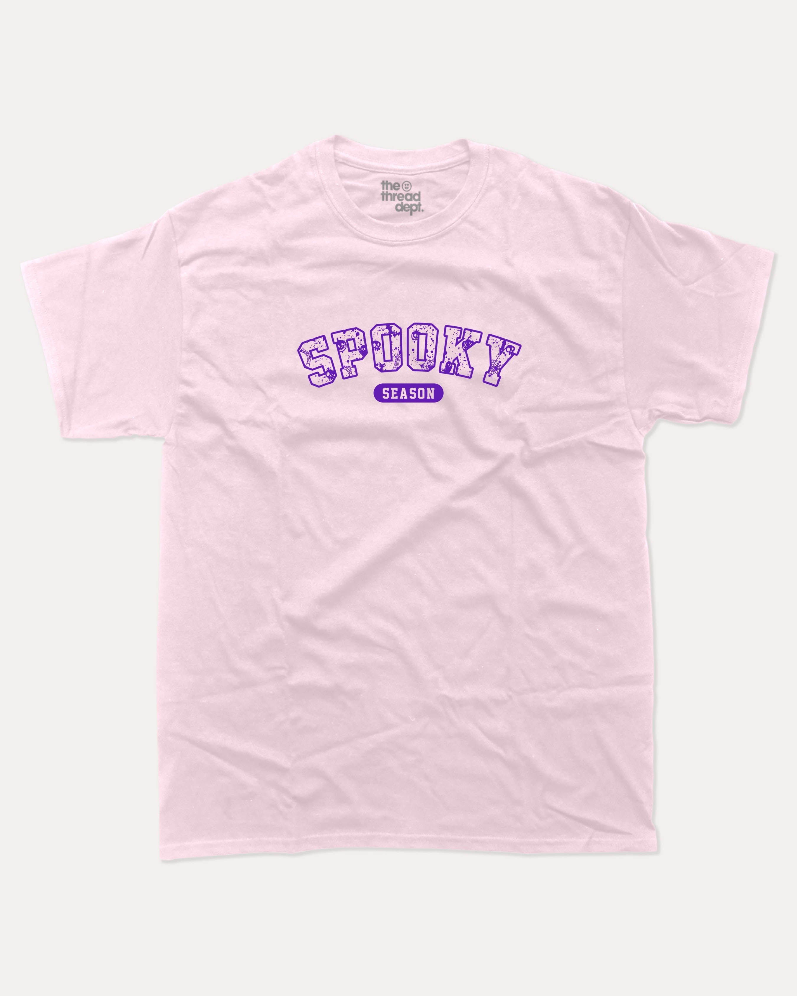 Spooky Season graphic tee with bold and humorous print, Perfect Gift for Halloween Day, Halloween Graphic T shirt, T shirt for celebrating Halloween Day, funny and trendy graphic. Perfect for adults and gift-giving. Pink shirt.