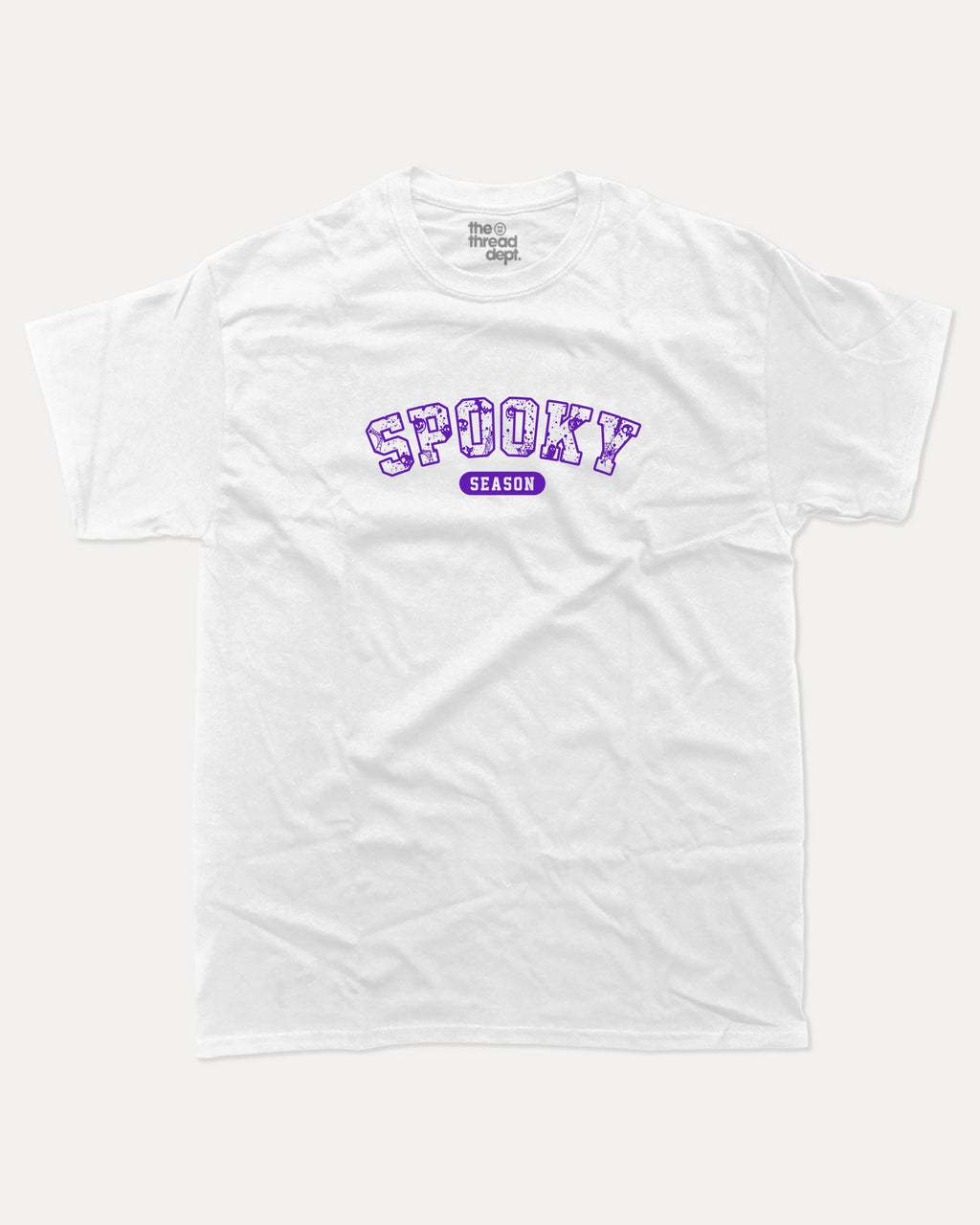 Spooky Season graphic tee with bold and humorous print, Perfect Gift for Halloween Day, Halloween Graphic T shirt, T shirt for celebrating Halloween Day, funny and trendy graphic. Perfect for adults and gift-giving. White shirt.