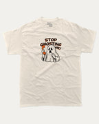 Stop Ghosting Me graphic tee with bold and humorous print, Perfect Gift for Halloween Day, Halloween Graphic T shirt, funny and trendy graphic. Perfect for adults and gift-giving. Cream shirt.
