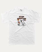Stop Ghosting Me graphic tee with bold and humorous print, Perfect Gift for Halloween Day, Halloween Graphic T shirt, funny and trendy graphic. Perfect for adults and gift-giving. White shirt.