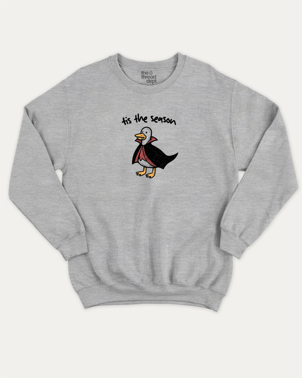 Tis The Season graphic sweatshirt with retro vintage sardines print, warm and cozy graphic for everyday wear. Perfect for adults and gift-giving. Heather Grey pullover.