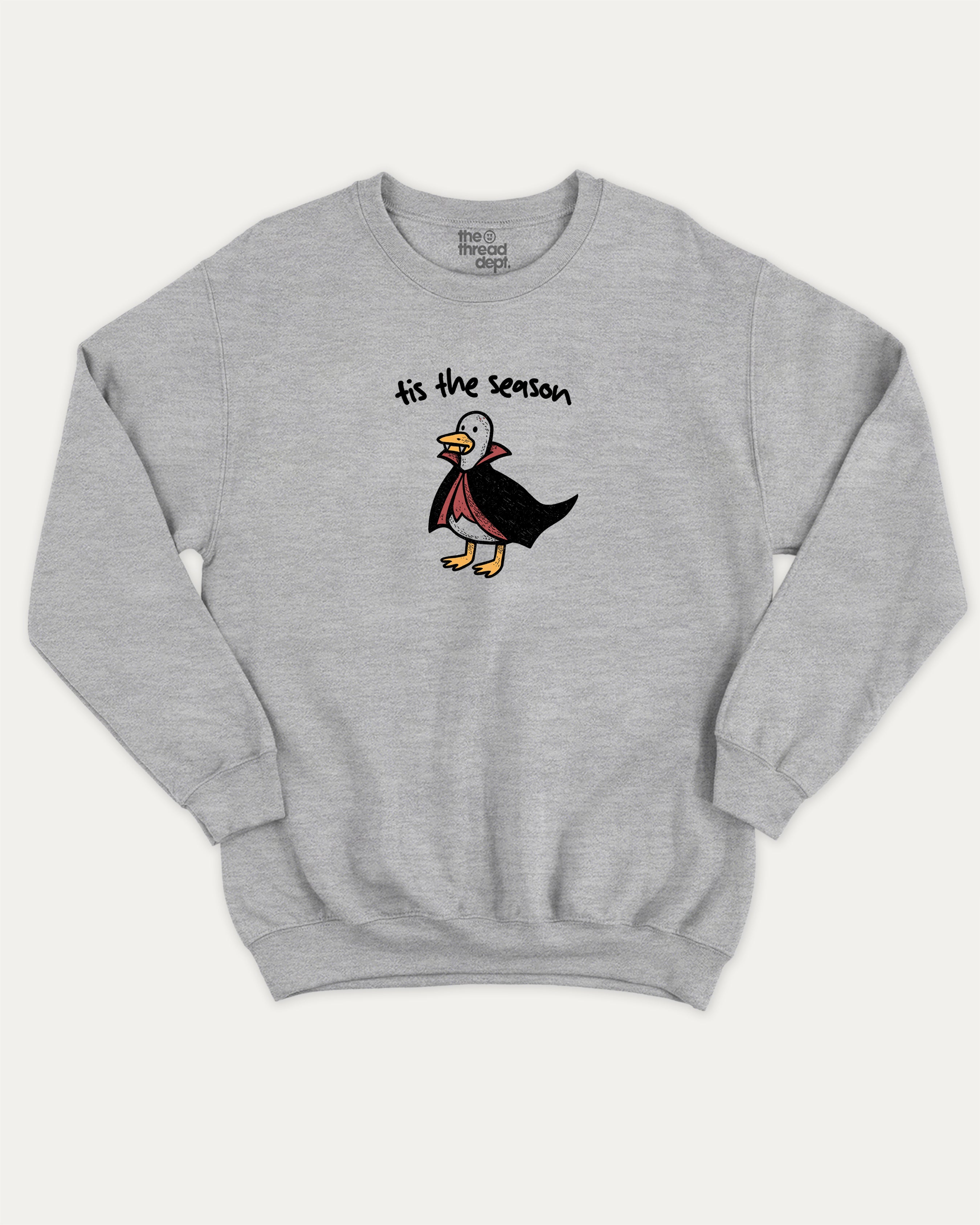 Tis The Season graphic sweatshirt with retro vintage sardines print, warm and cozy graphic for everyday wear. Perfect for adults and gift-giving. Heather Grey pullover.
