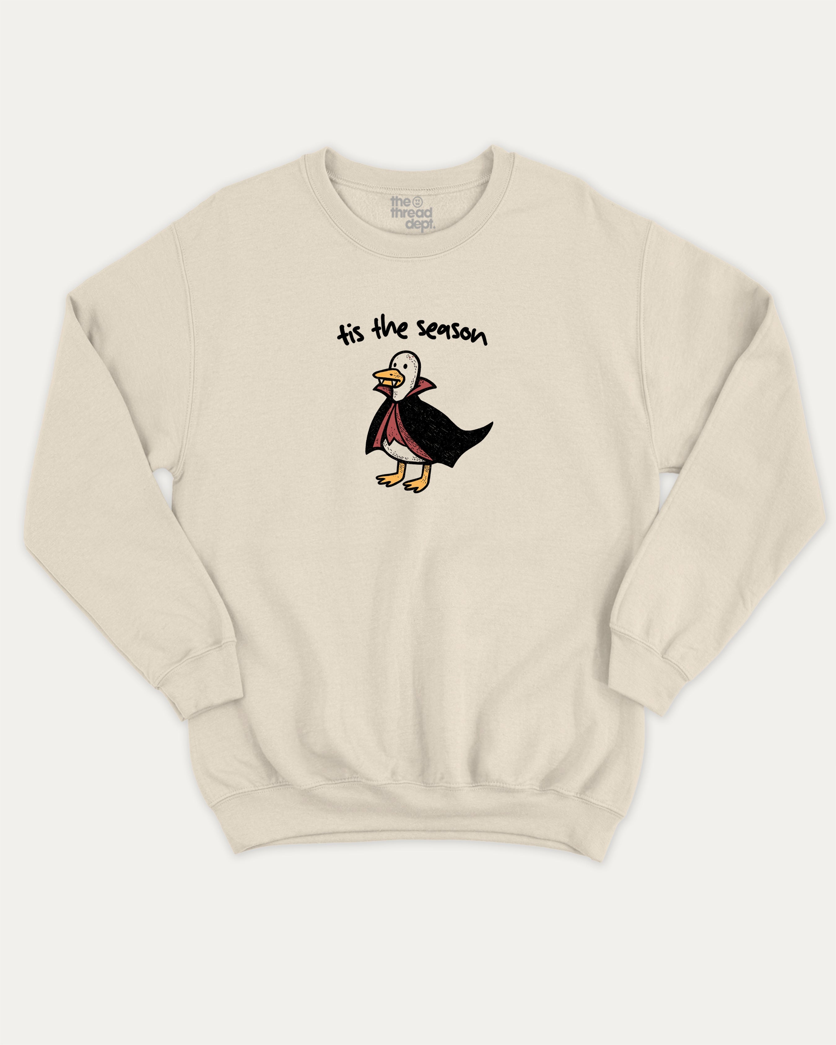 Tis The Season graphic sweatshirt with retro vintage sardines print, warm and cozy graphic for everyday wear. Perfect for adults and gift-giving. Natural pullover.