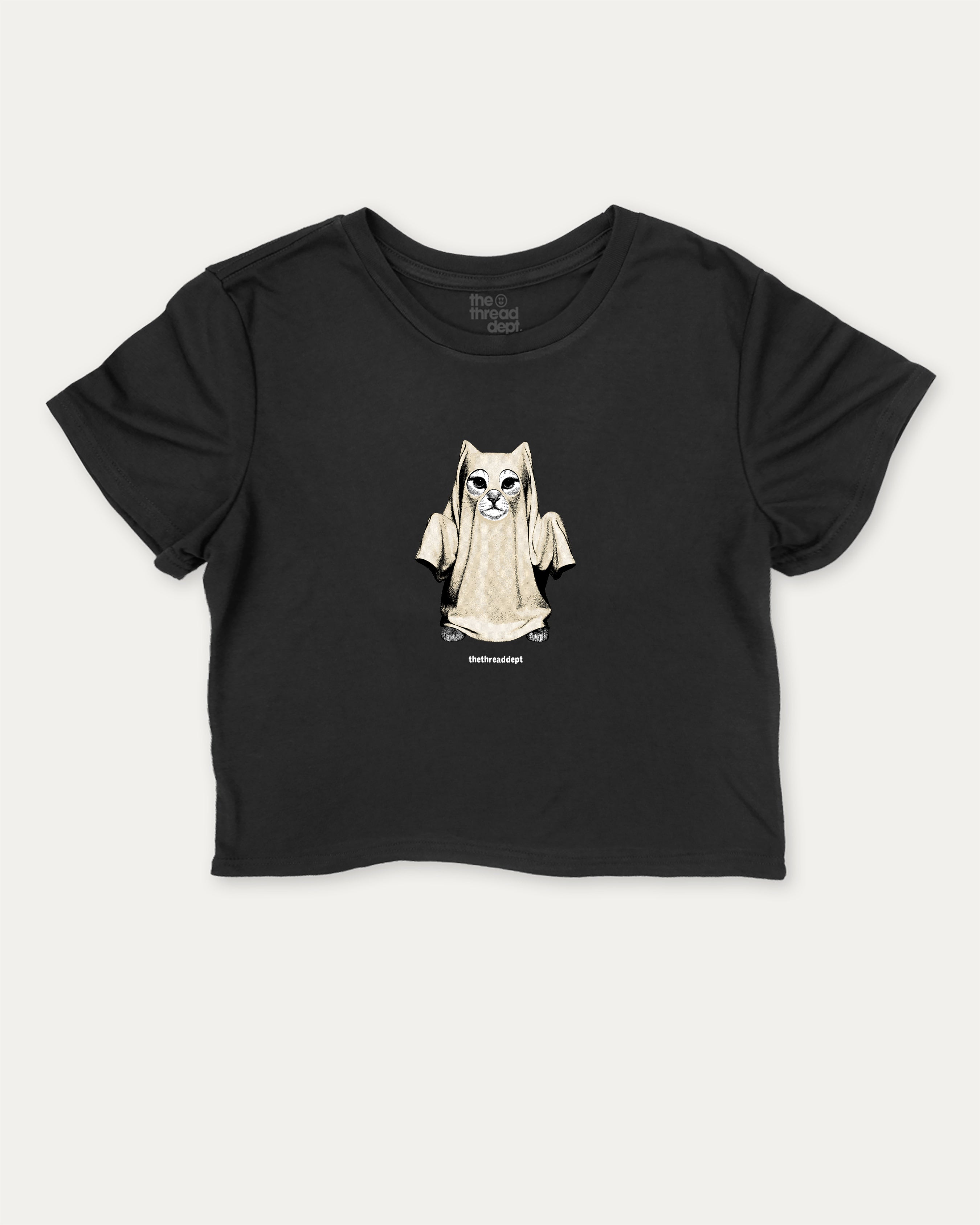 Vintage Spooky Cat graphic crop tee with funny and trendy slogan print, perfect for women’s casual looks or layering. Black crop t-shirt.