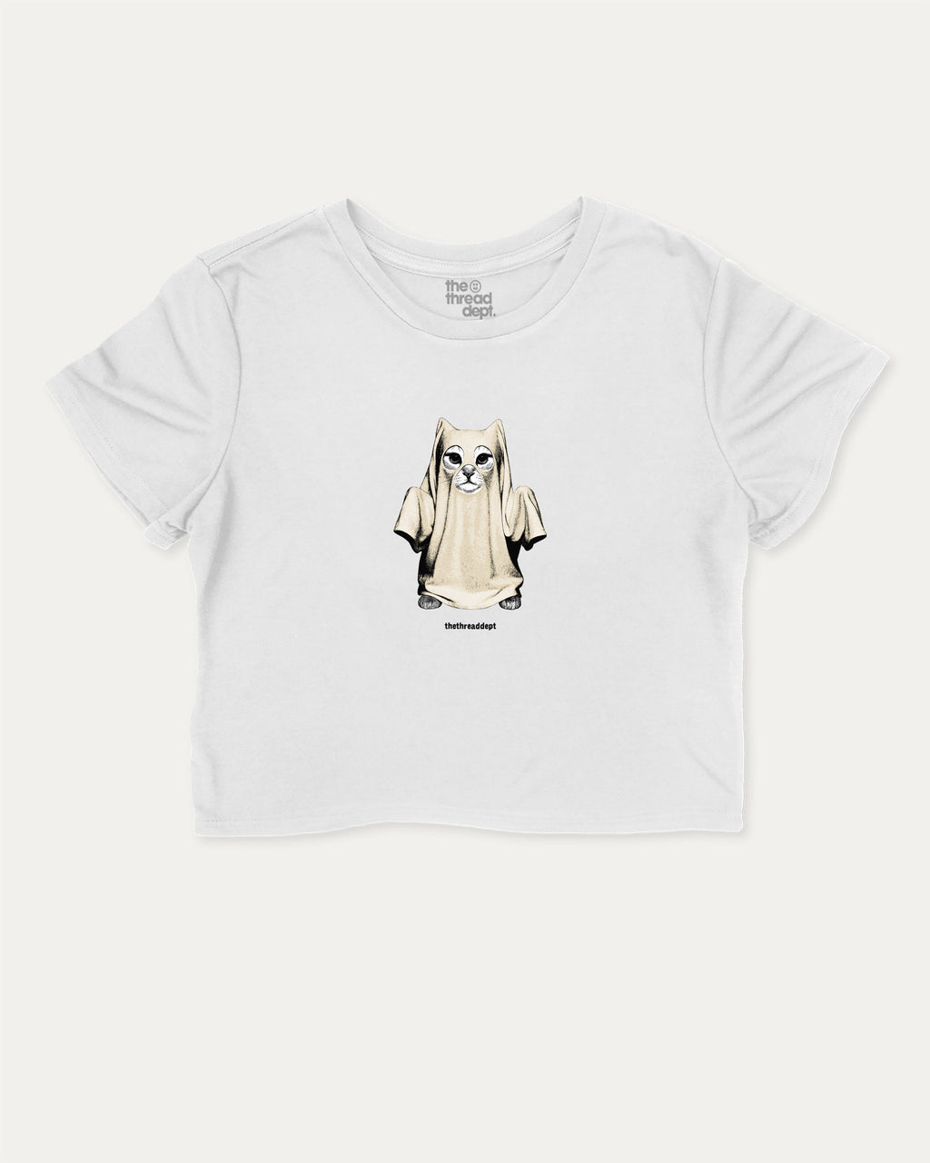 Vintage Spooky Cat graphic crop tee with funny and trendy slogan print, perfect for women’s casual looks or layering. White crop t-shirt.