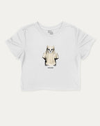 Vintage Spooky Cat graphic crop tee with funny and trendy slogan print, perfect for women’s casual looks or layering. White crop t-shirt.