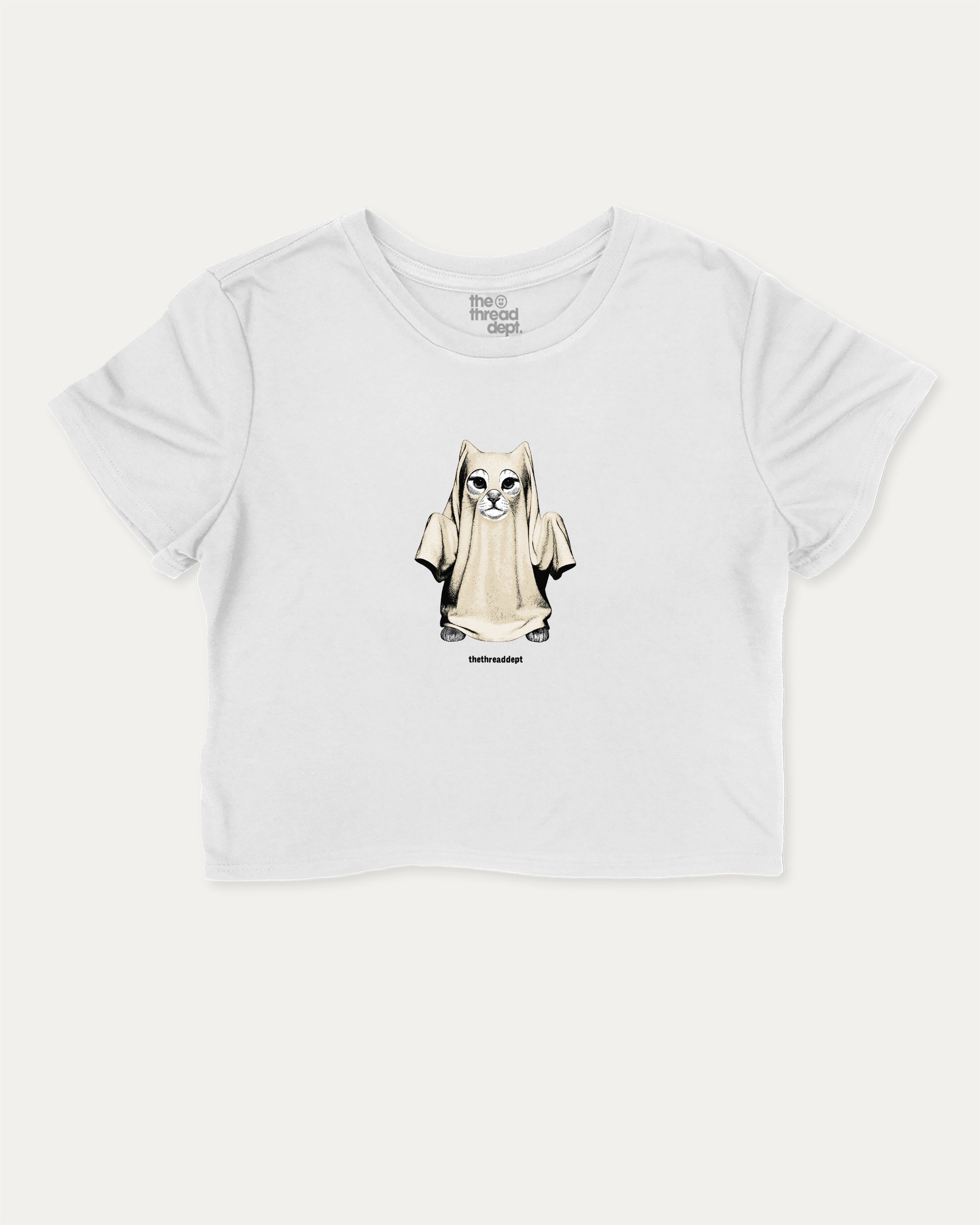 Vintage Spooky Cat graphic crop tee with funny and trendy slogan print, perfect for women’s casual looks or layering. White crop t-shirt.