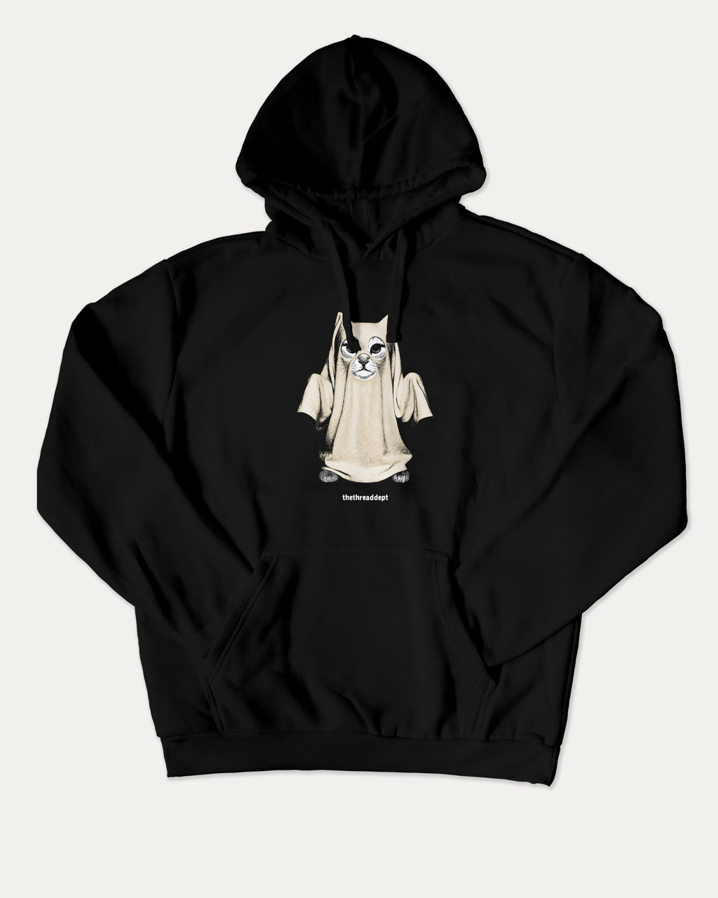 Vintage Spooky Cat graphic hoodie with vintage cat ghost artwork, casual streetwear with bold personality. Great for adults and gifting. Black hoodie.