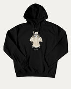 Vintage Spooky Cat graphic hoodie with vintage cat ghost artwork, casual streetwear with bold personality. Great for adults and gifting. Black hoodie.