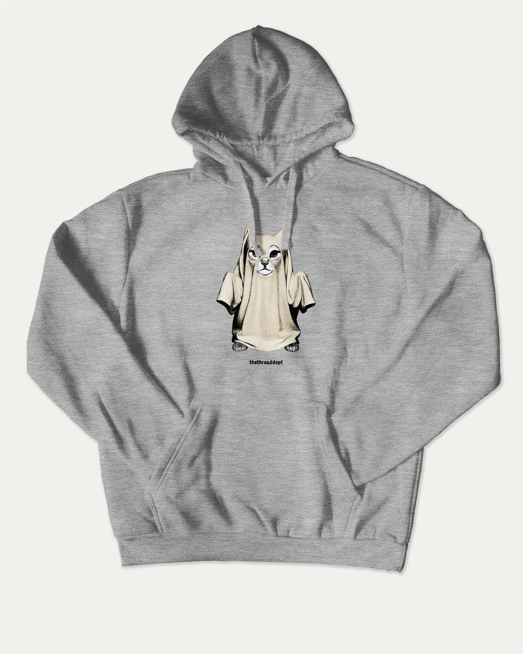 Vintage Spooky Cat graphic hoodie with vintage cat ghost artwork, casual streetwear with bold personality. Great for adults and gifting. Heather Grey hoodie.