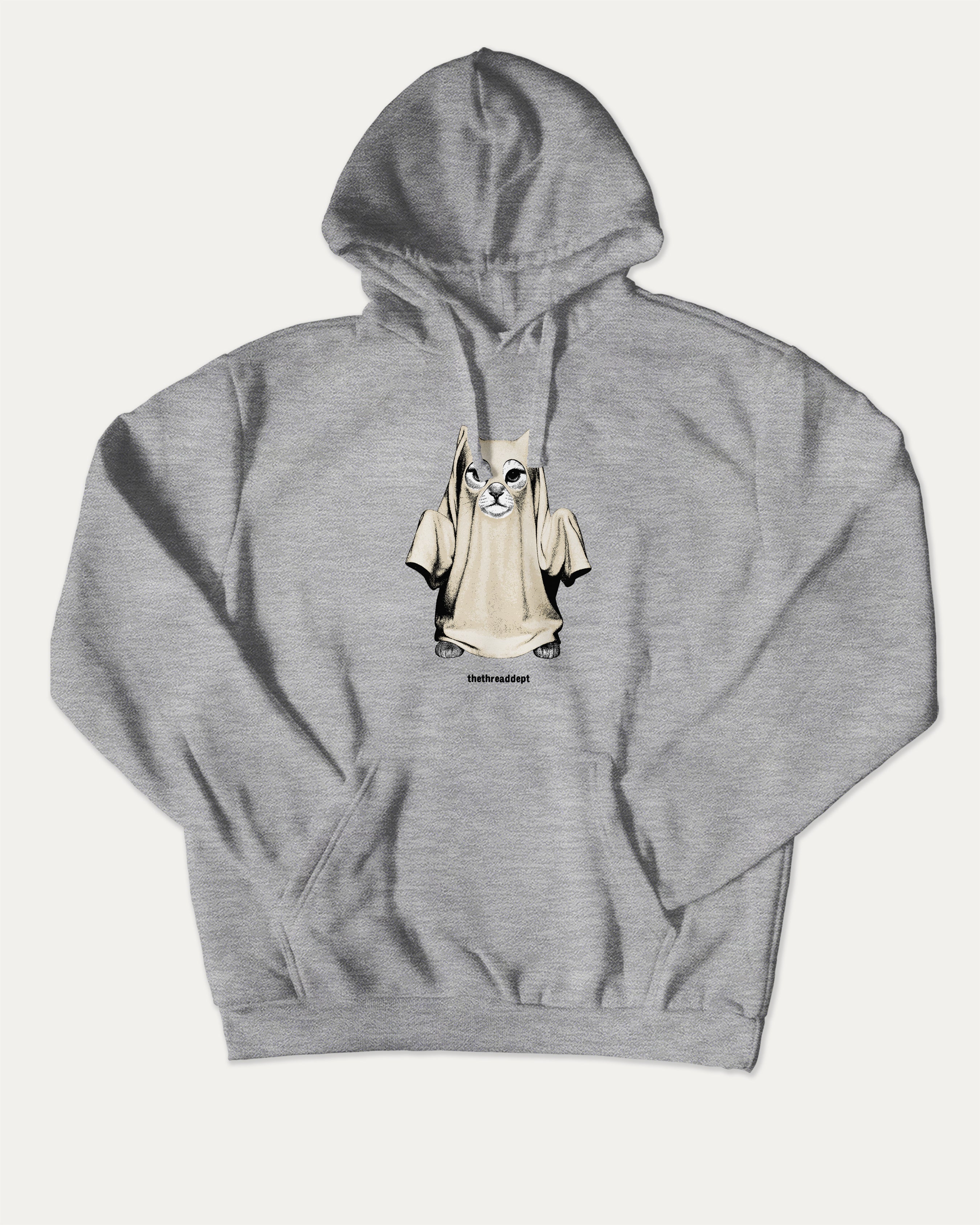 Vintage Spooky Cat graphic hoodie with vintage cat ghost artwork, casual streetwear with bold personality. Great for adults and gifting. Heather Grey hoodie.