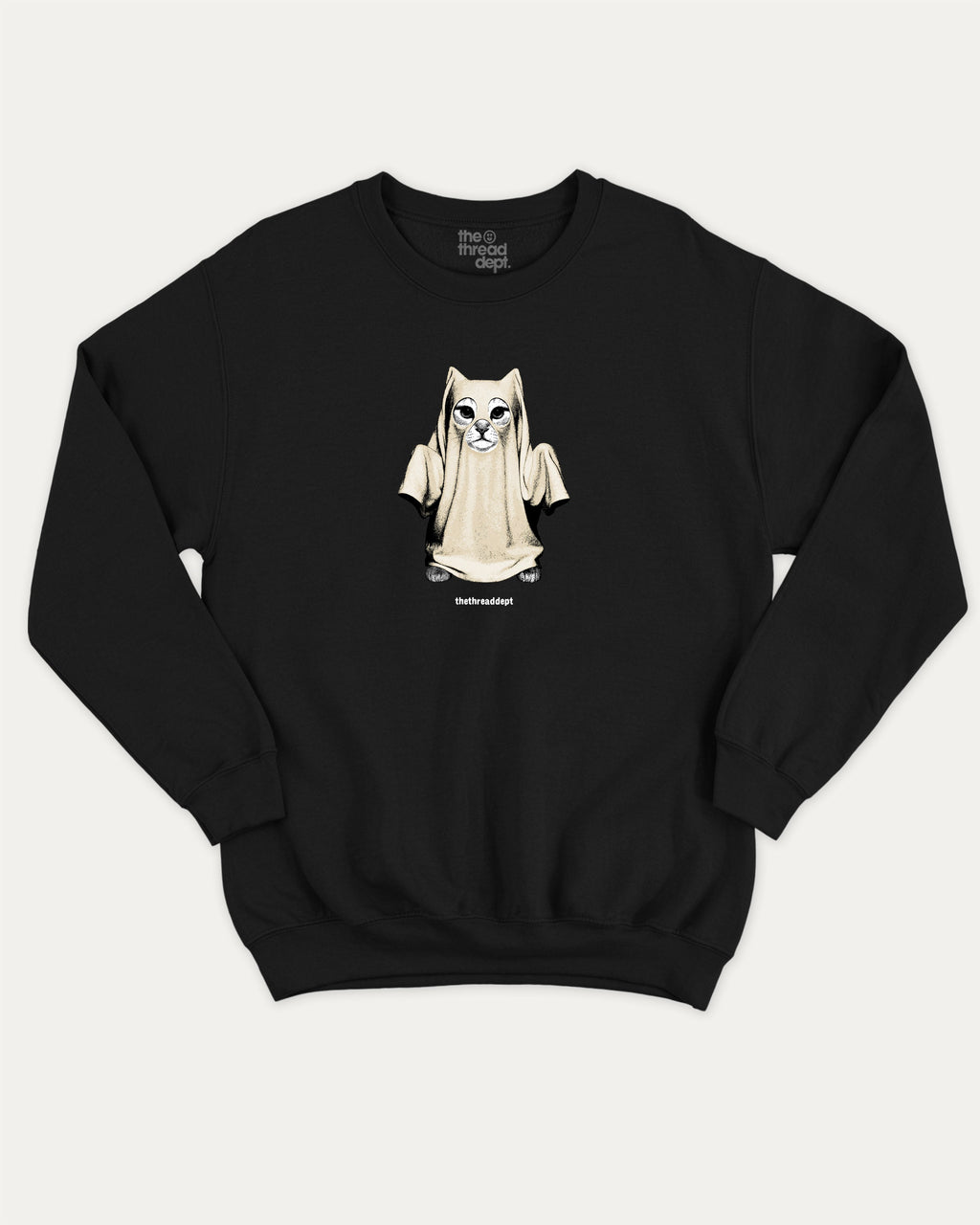 Vintage Spooky Cat graphic pullover with vintage cat ghost print, funny and vintage graphic for everyday wear. Perfect funny Halloween gifts for friends and family. Black pullover.
