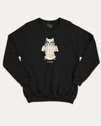 Vintage Spooky Cat graphic pullover with vintage cat ghost print, funny and vintage graphic for everyday wear. Perfect funny Halloween gifts for friends and family. Black pullover.