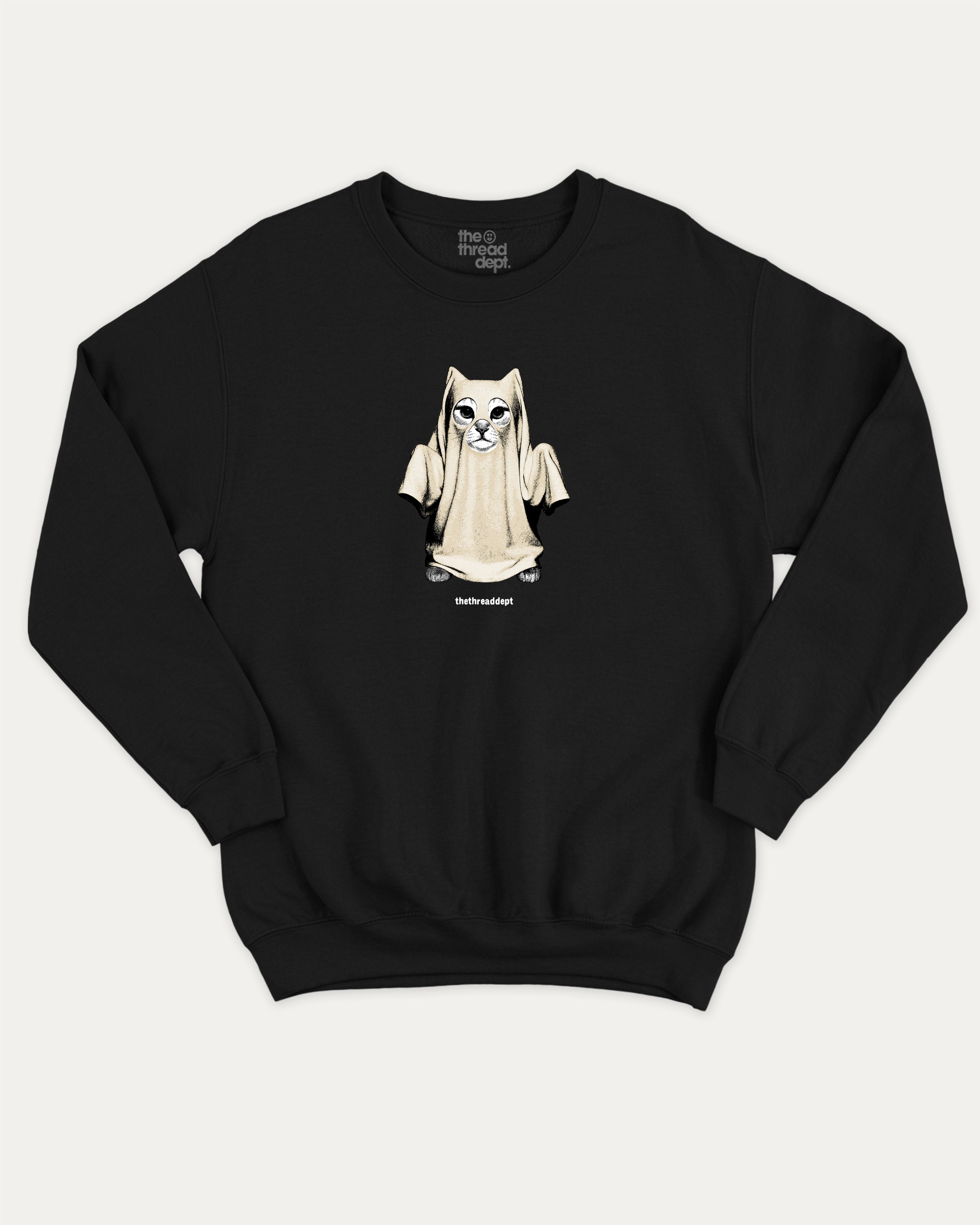 Vintage Spooky Cat graphic pullover with vintage cat ghost print, funny and vintage graphic for everyday wear. Perfect funny Halloween gifts for friends and family. Black pullover.