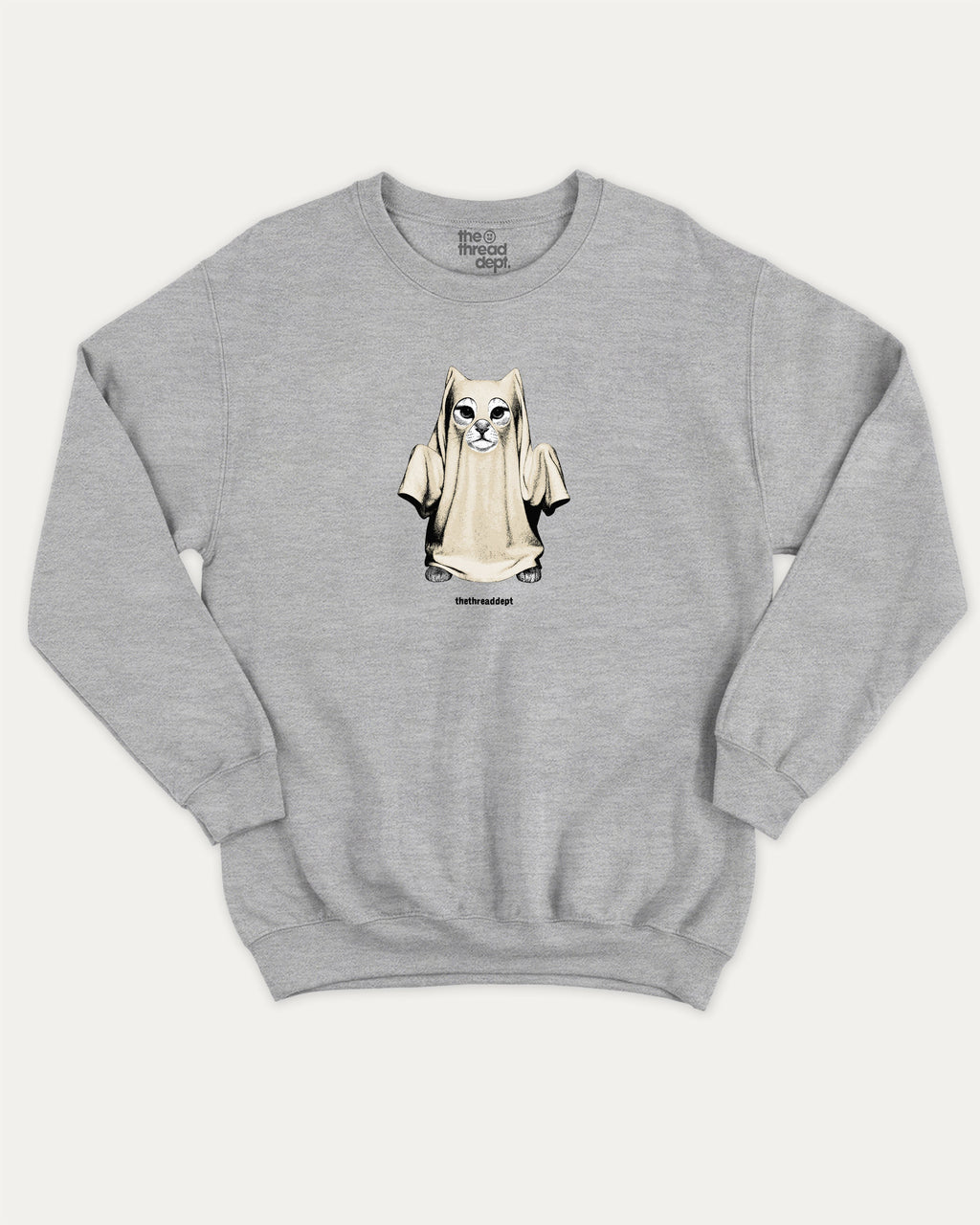 Vintage Spooky Cat graphic pullover with vintage cat ghost print, funny and vintage graphic for everyday wear. Perfect funny Halloween gifts for friends and family. Heather Grey pullover.