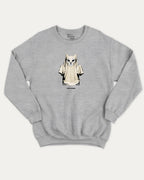 Vintage Spooky Cat graphic pullover with vintage cat ghost print, funny and vintage graphic for everyday wear. Perfect funny Halloween gifts for friends and family. Heather Grey pullover.