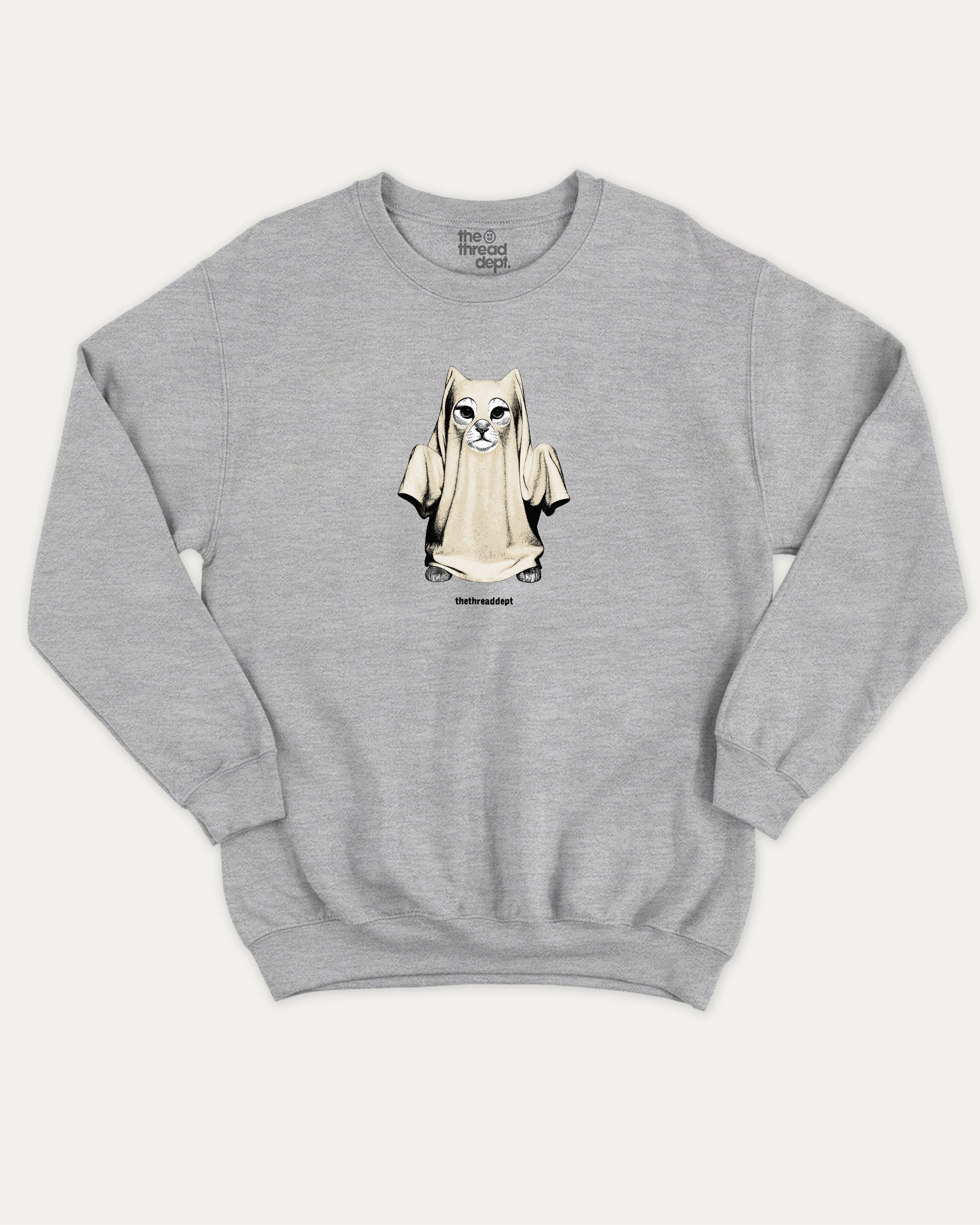 Vintage Spooky Cat graphic pullover with vintage cat ghost print, funny and vintage graphic for everyday wear. Perfect funny Halloween gifts for friends and family. Heather Grey pullover.