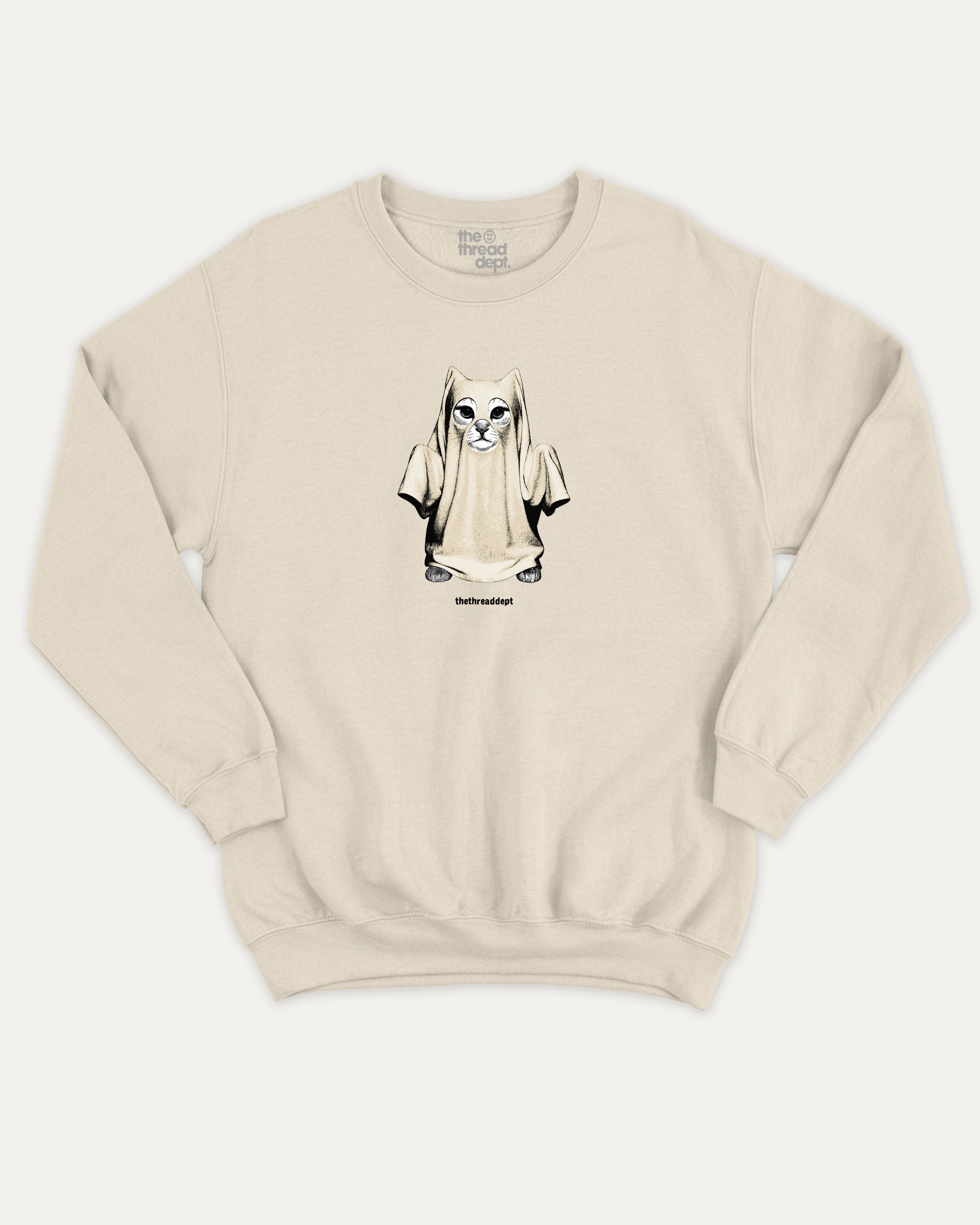 Vintage Spooky Cat graphic pullover with vintage cat ghost print, funny and vintage graphic for everyday wear. Perfect funny Halloween gifts for friends and family. Natural pullover.