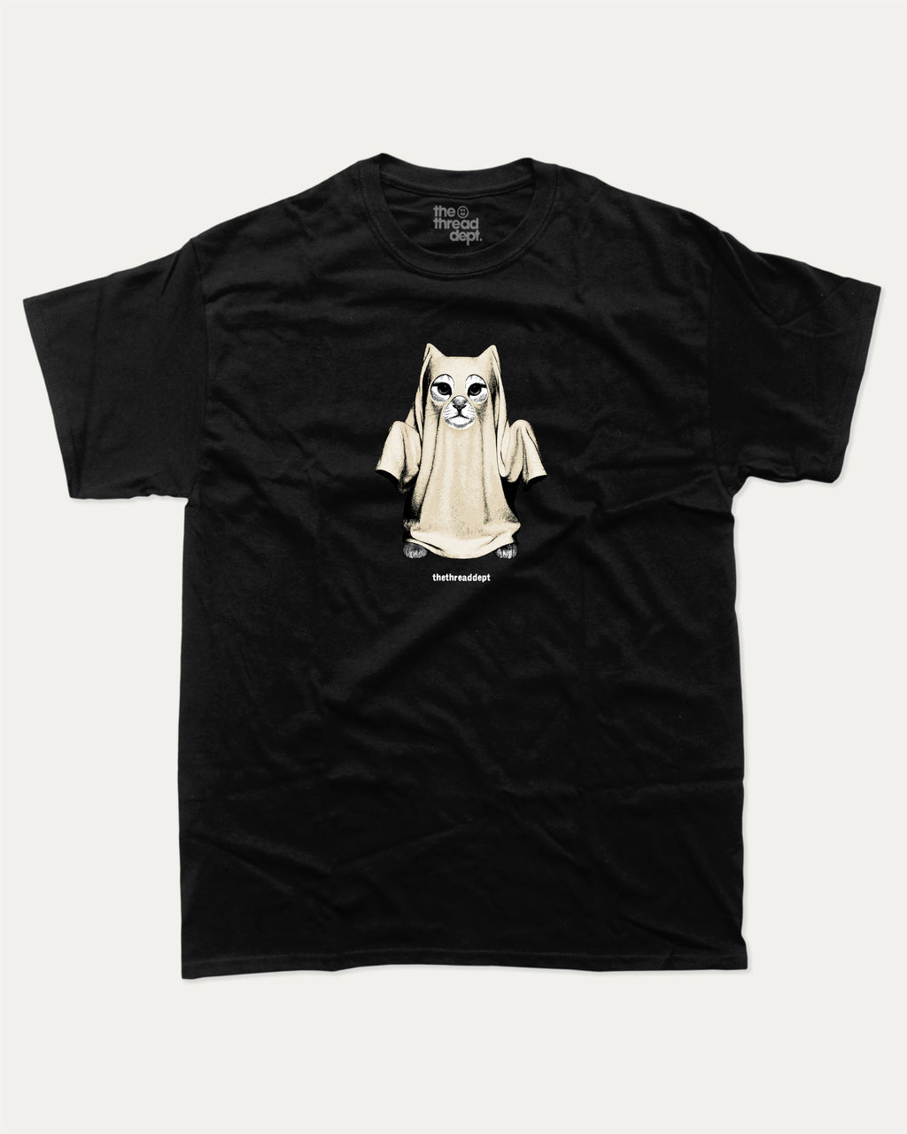 Vintage Spooky Cat graphic t-shirt with vintage cat ghost print, funny and trendy graphic. Perfect funny Halloween gifts for friends and family. Black shirt.