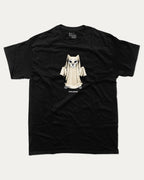 Vintage Spooky Cat graphic t-shirt with vintage cat ghost print, funny and trendy graphic. Perfect funny Halloween gifts for friends and family. Black shirt.