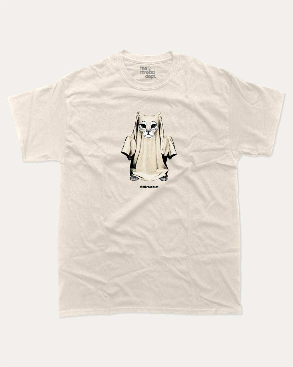 Vintage Spooky Cat graphic t-shirt with vintage cat ghost print, funny and trendy graphic. Perfect funny Halloween gifts for friends and family. Cream shirt.